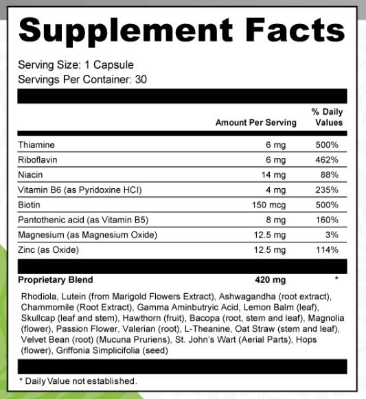 VidaCalm Supplement Facts